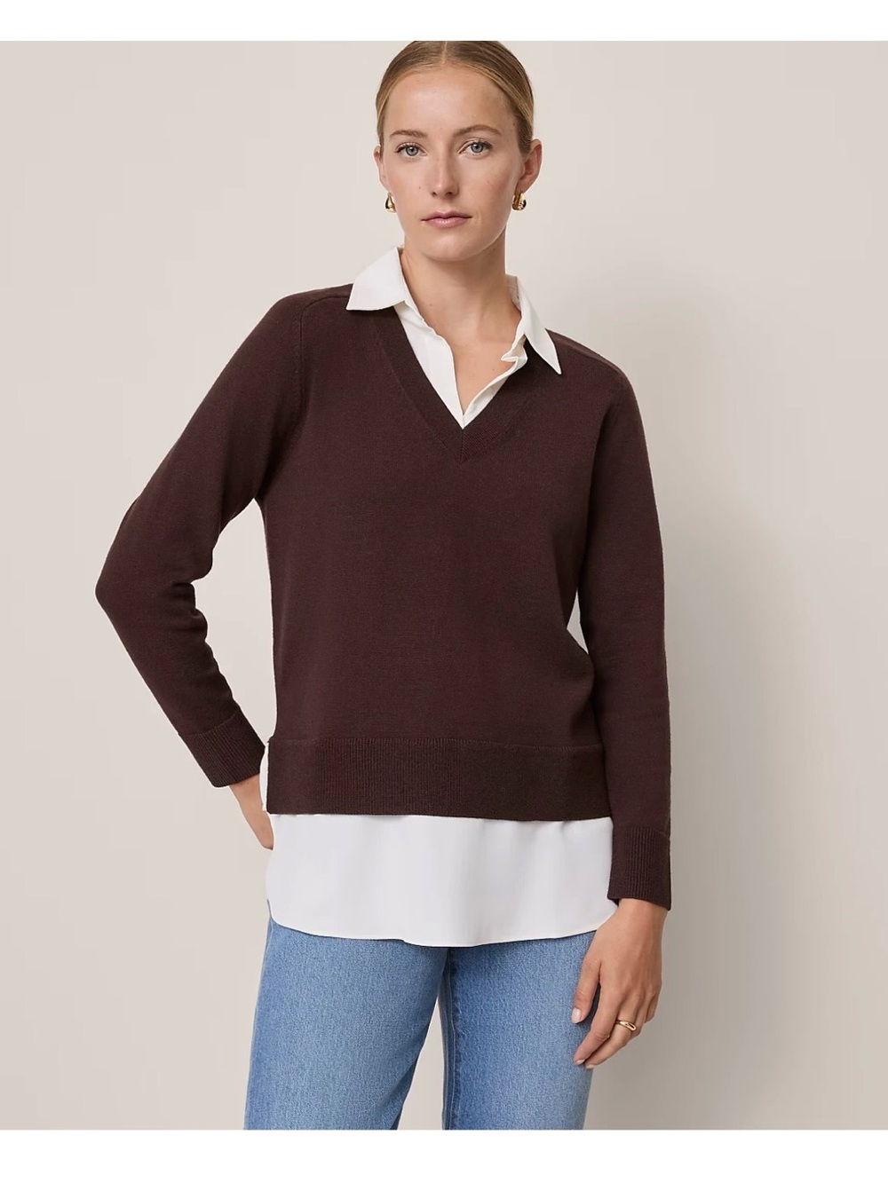 NWT Ann Taylor Layered Mixed Media Sweater brown white collared sz L